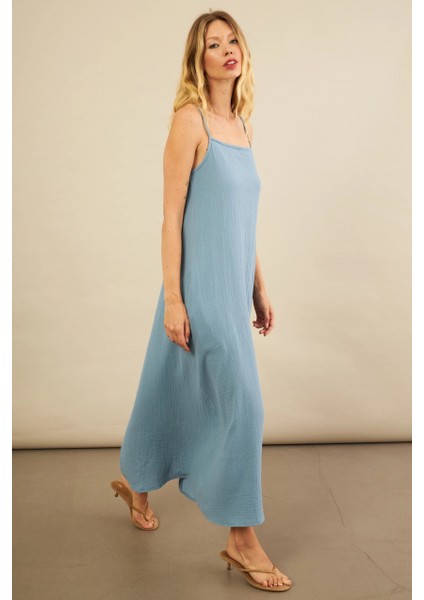 Kadın İndigo Cepli İp Askılı Midi Müslin Elbise BTY100 modelleri
