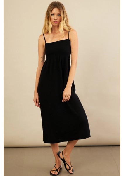 Kadın Siyah Gipeli Midi Müslin Elbise YEL221685