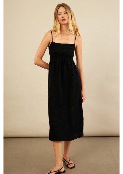Kadın Siyah Gipeli Midi Müslin Elbise YEL221685 fiyatları
