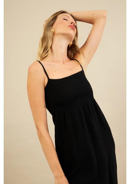 Kadın Siyah Gipeli Midi Müslin Elbise YEL221685 modelleri