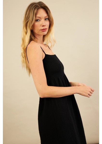 Kadın Siyah Gipeli Midi Müslin Elbise YEL221685 fırsatları