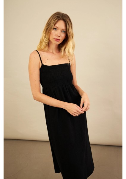 Kadın Siyah Gipeli Midi Müslin Elbise YEL221685 indirimleri