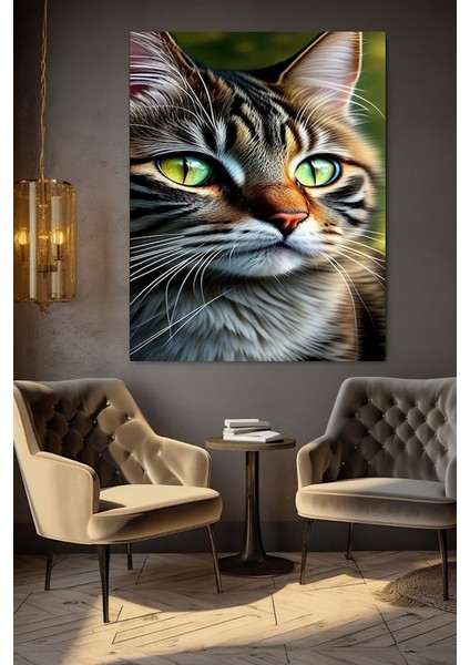 Gözleri Yeşil Renkli Orman Kedisi Kanvas Tablo Ev Duvar Salon Ofis Dükkan Hediyelik Dekarasyon Süsü