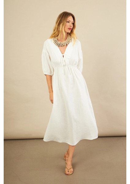 Kadın Beyaz Beli Lastikli Midi Müslin Elbise FRO1001 modelleri