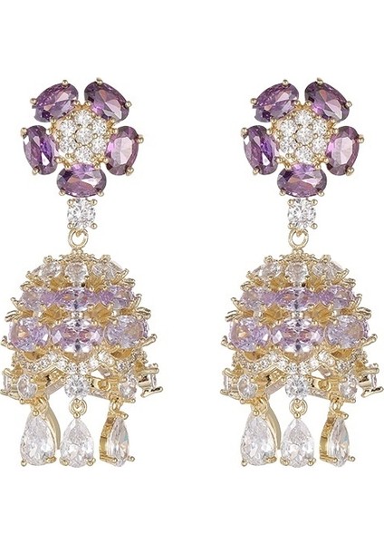 Ağır Hizmet Tipi Mikro Kakmalı Renkli Zirkonyum Rüzgar Çanı S925 Gümüş Iğne Üç Boyutlu Taç Yaprağı Yuvarlak Yüz Ince Küpeler Kadınlar Için (Yurt Dışından)