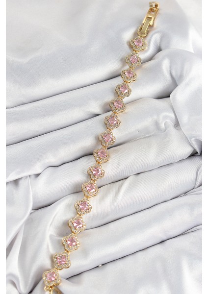 Erb Pirinç Zirkon Taşlı Pembe Yonca Baget Model Gold Renk Vıp Seri Kadın Bileklik fiyatları