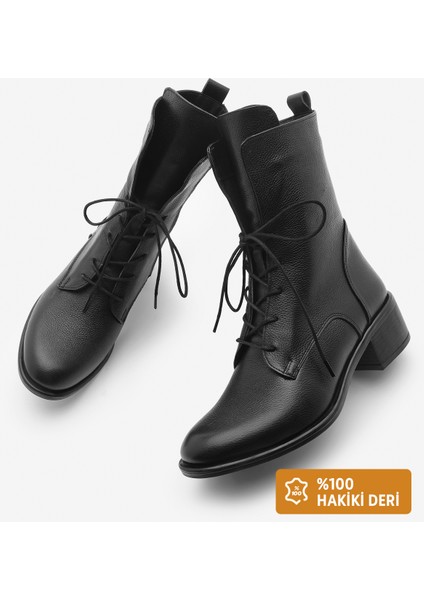 Kadın Hakiki Deri Postal Bot Bağcıklı Fermuarlı Klasik Günlük Bot Mek Siyah