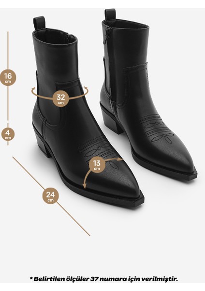 Kadın Sivri Burun Nakışlı Western Bot Siyesta Siyah