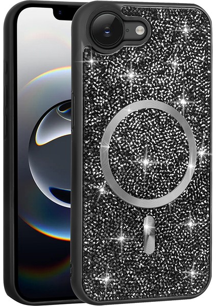 iPhone 16E Kılıf Pırlanta Tasarımlı M-Safe Şarj Özellikli Piar Mozaik Silikon Kapak - Titanyum-Gri modelleri