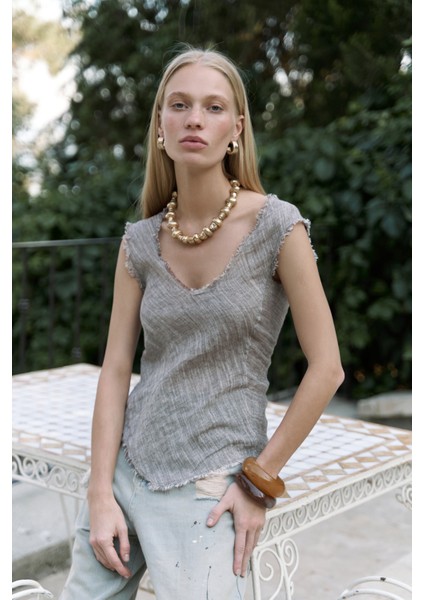 Veilinas Asimetrik Kahve Keten Crop