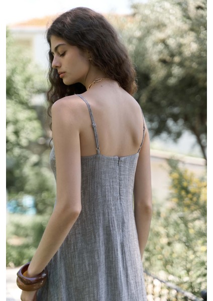 Cinas Askılı Uzun Kahve Keten Elbise