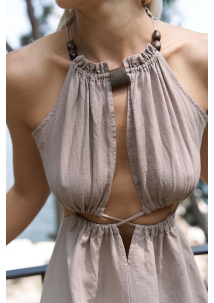 Bunina Bağcıklı Boncuk Detay Vizon Uzun Elbise