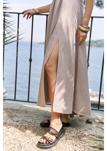 Bunina Bağcıklı Boncuk Detay Vizon Uzun Elbise