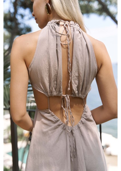 Bunina Bağcıklı Boncuk Detay Vizon Uzun Elbise