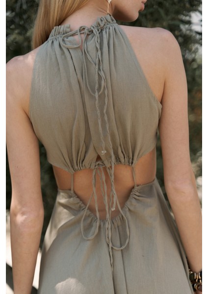 Bunina Bağcıklı Boncuk Detay Haki Uzun Elbise