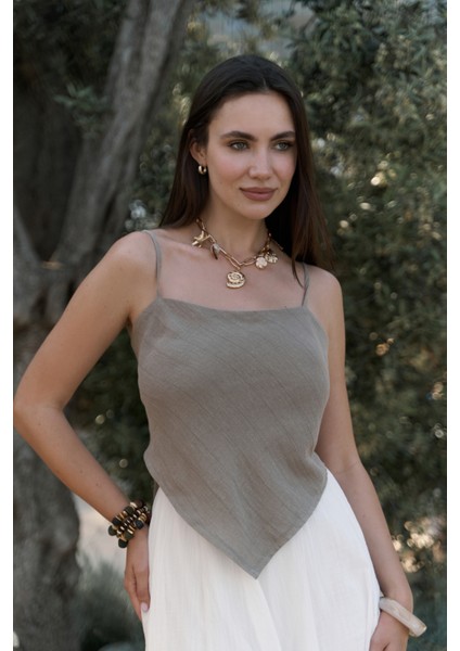 Kita Üçgen Detay Çizgili Haki Keten Crop