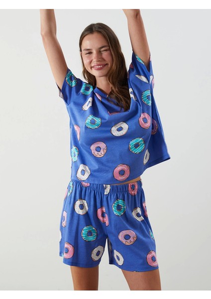 Lcw Young Mavi Bisiklet Yaka Desenli Kadın Şortlu Pijama Takımı