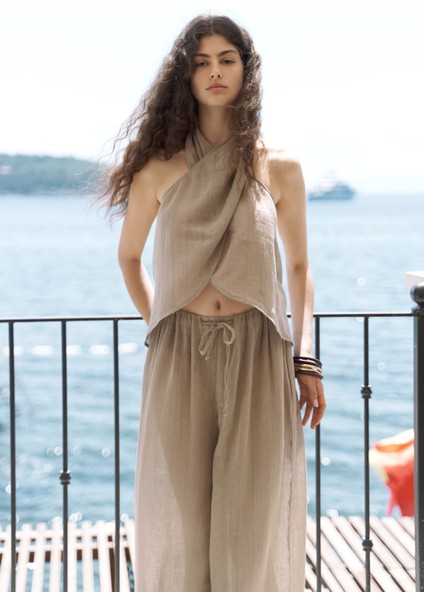 Cadhas Boyundan Bağlamalı Haki Crop Pantolon Takım