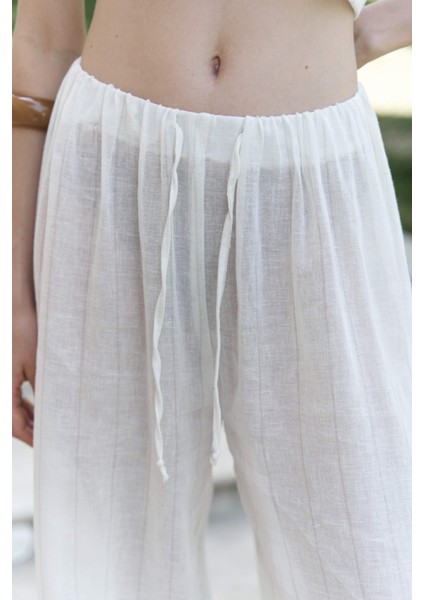 Cadhas Boyundan Bağlamalı Ekru Crop Pantolon Takım