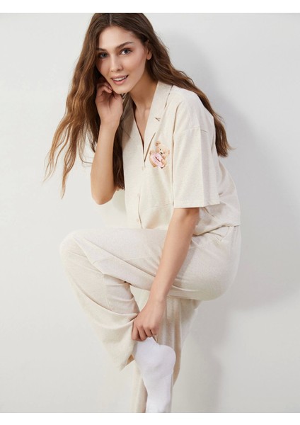 Lcw Young Bej Gömlek Yaka Ayı Teddy Baskılı Kadın Pijama Takımı