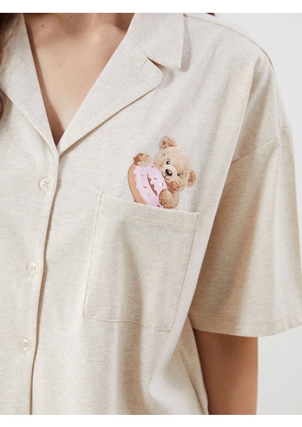 Lcw Young Bej Gömlek Yaka Ayı Teddy Baskılı Kadın Pijama Takımı modelleri