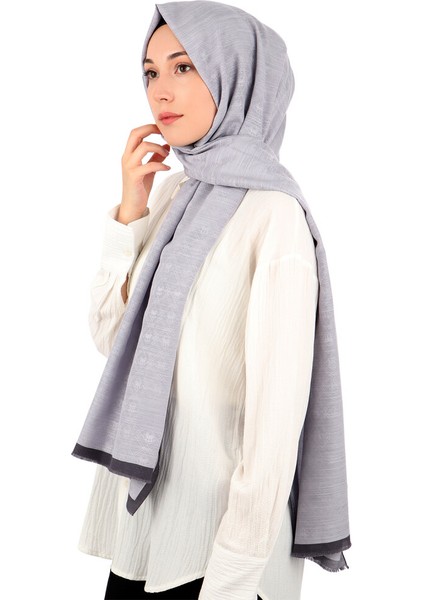 Gri Monogram Desen Ipek Pamuk Şal