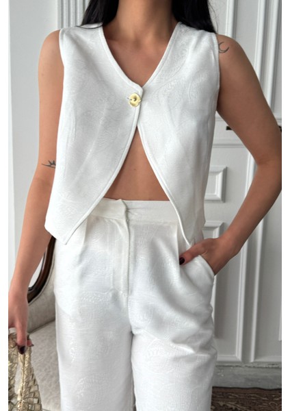 Keten Tek Düğme Yelek-Pantolon Takım - Beyaz modelleri