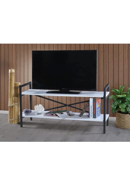 Metal Ayaklı Tv Ünitesi Iki Raflı Tv Sehpası Ceviz