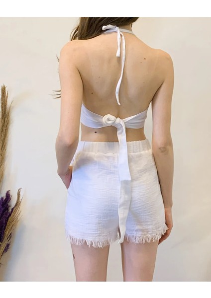 Müslin Yandan Bağlama Detaylı Püsküllü Şort Etek fiyatları