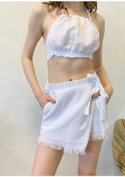 Müslin Yandan Bağlama Detaylı Püsküllü Şort Etek modelleri