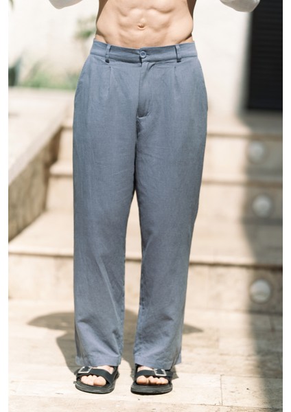 Fyfaha Bol Paça Indigo Erkek Keten Pantolon modelleri