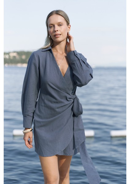 Gormelia Bağlamalı Indigo Elbise