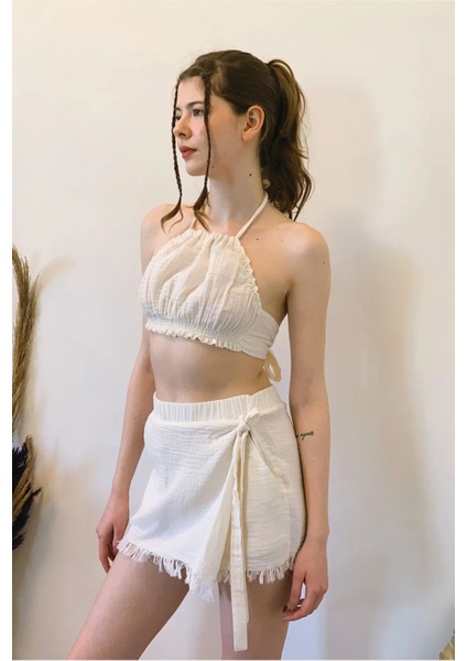 Müslin Yandan Bağlama Detaylı Püsküllü Şort Etek