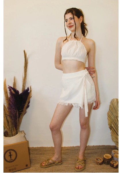 Müslin Yandan Bağlama Detaylı Püsküllü Şort Etek modelleri