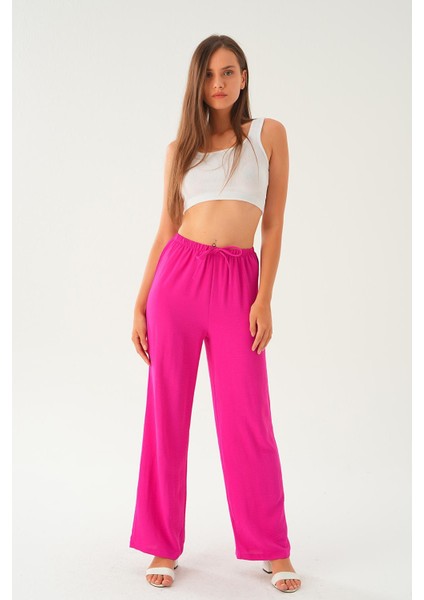 Fuşya Beli Lastikli Bol Paça Dokuma Pantolon 4284-1 fiyatları
