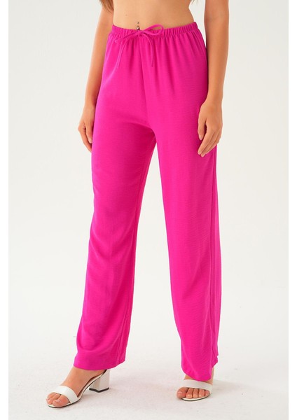 Fuşya Beli Lastikli Bol Paça Dokuma Pantolon 4284-1 modelleri