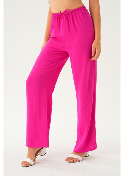 Fuşya Beli Lastikli Bol Paça Dokuma Pantolon 4284-1 fırsatları