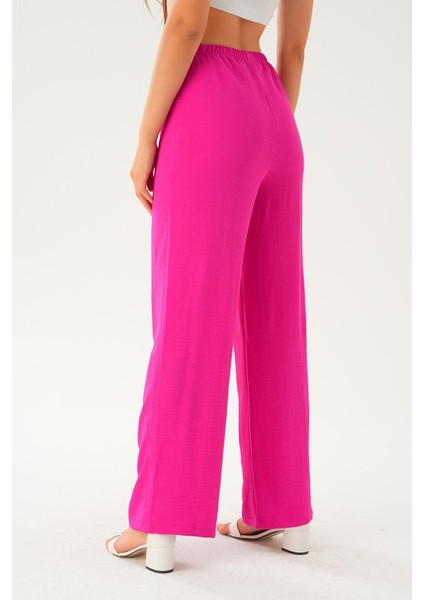 Fuşya Beli Lastikli Bol Paça Dokuma Pantolon 4284-1 indirimleri