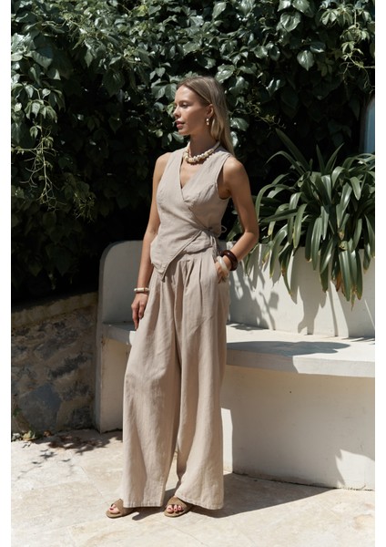Moibel Bağcık Detay Bej Crop Pantolon Takım modelleri