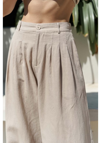 Moibel Bağcık Detay Bej Crop Pantolon Takım