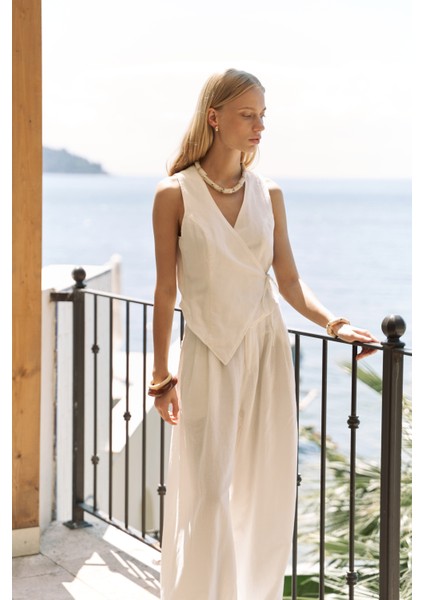 Moibel Bağcık Detay Ekru Crop Pantolon Takım modelleri