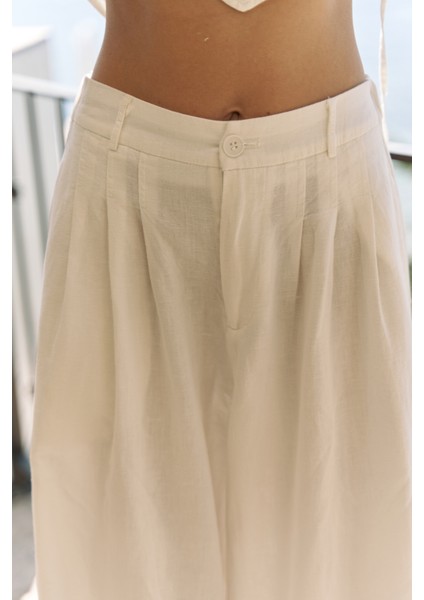 Moibel Bağcık Detay Ekru Crop Pantolon Takım