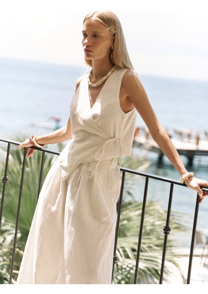 Moibel Bağcık Detay Ekru Crop Pantolon Takım