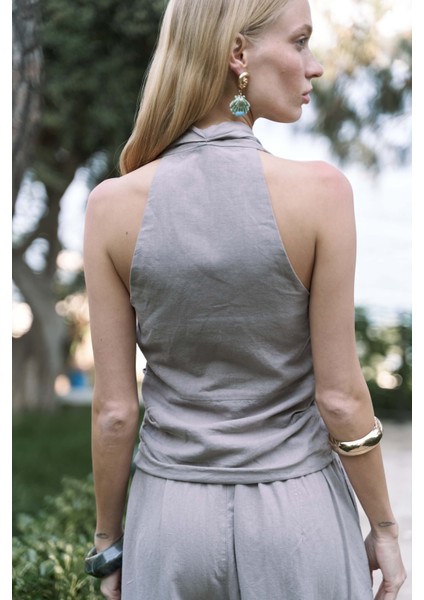 Struana Kruvaze Gri Crop Pantolon Takım