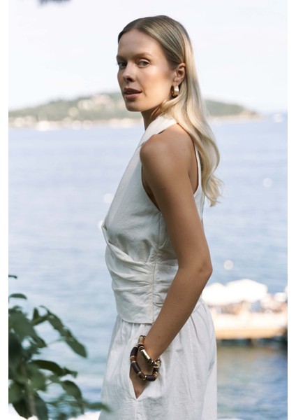 Struana Kruvaze Ekru Crop Pantolon Takım