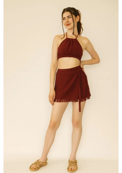 Müslin Yandan Bağlama Detaylı Püsküllü Şort Etek