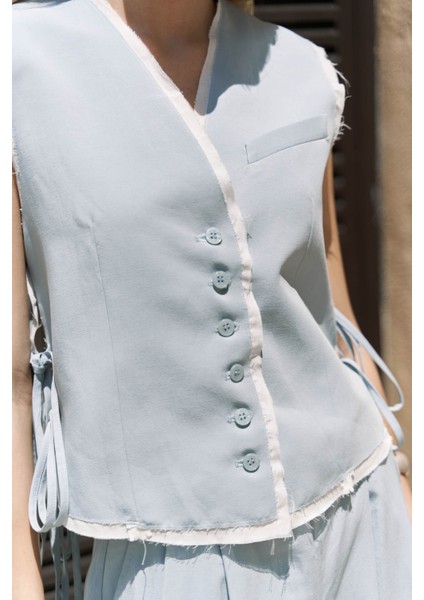 Shonas Bağcık Detay Mavi Yelek Pantolon Takım