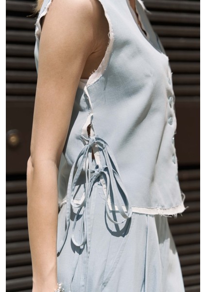 Shonas Bağcık Detay Mavi Yelek Pantolon Takım