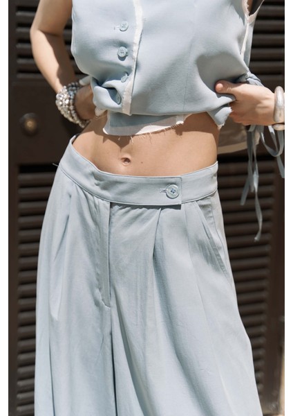 Shonas Bağcık Detay Mavi Yelek Pantolon Takım