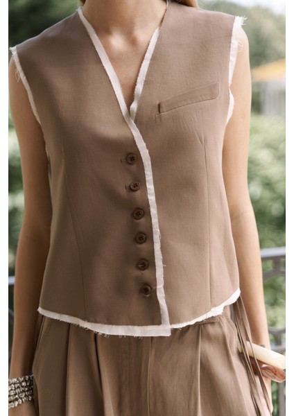 Shonas Bağcık Detay Kahve Yelek Pantolon Takım